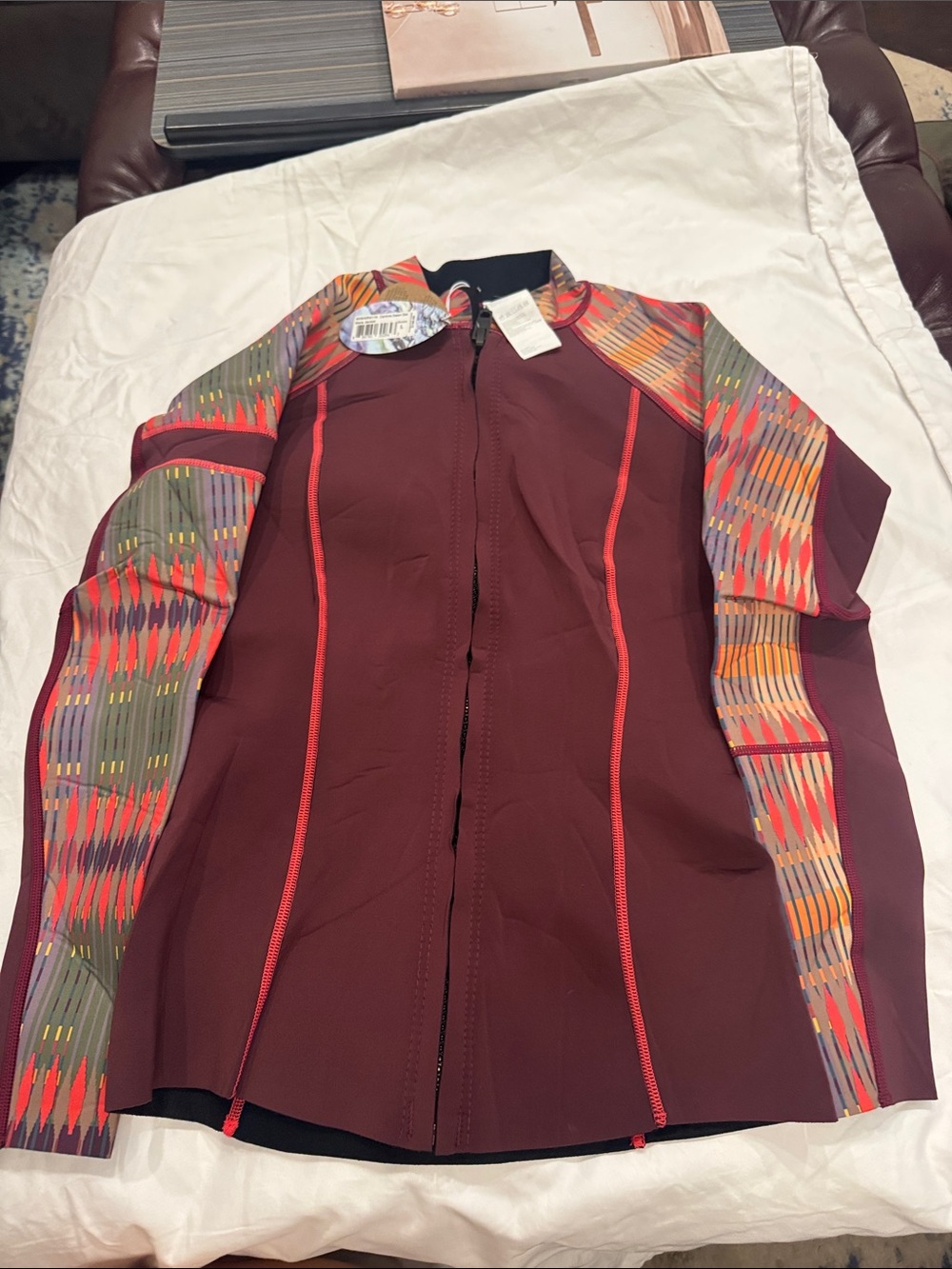 Maroon scuba Jacket with Multicolor Patterned Sleeves